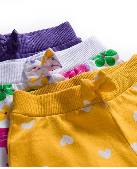 Babyhug Cotton Knit Full Length Lounge Pants With Heart Butterfly & Floral Print Pack of 3 - Purple Yellow & White