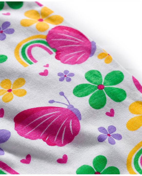 Babyhug Cotton Knit Full Length Lounge Pants With Heart Butterfly & Floral Print Pack of 3 - Purple Yellow & White