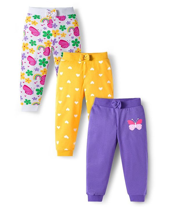 Babyhug Cotton Knit Full Length Lounge Pants With Heart Butterfly & Floral Print Pack of 3 - Purple Yellow & White