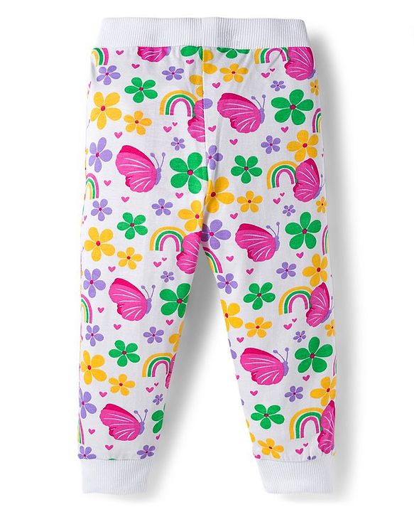 Babyhug Cotton Knit Full Length Lounge Pants With Heart Butterfly & Floral Print Pack of 3 - Purple Yellow & White