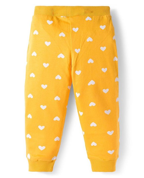 Babyhug Cotton Knit Full Length Lounge Pants With Heart Butterfly & Floral Print Pack of 3 - Purple Yellow & White