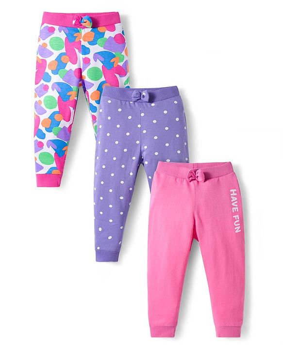 Babyhug Cotton Knit Full Length Lounge Pants With Heart & Polka Dot Print Pack of 3 - Pink Purple & White