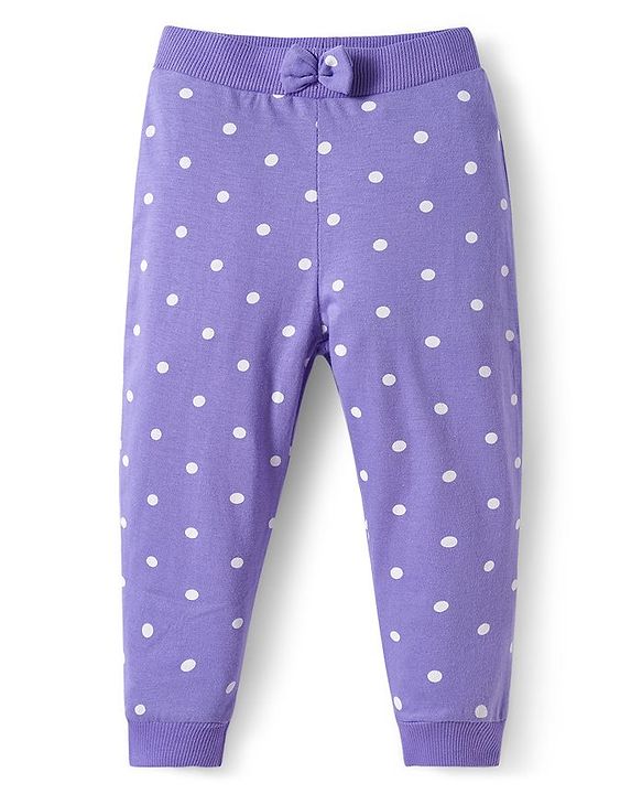 Babyhug Cotton Knit Full Length Lounge Pants With Heart & Polka Dot Print Pack of 3 - Pink Purple & White