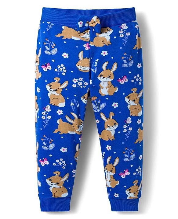 Babyhug Cotton Knit Full Length Lounge Pants With Floral & Bunny Print Pack of 3 - Navy Blue Pink & Yellow