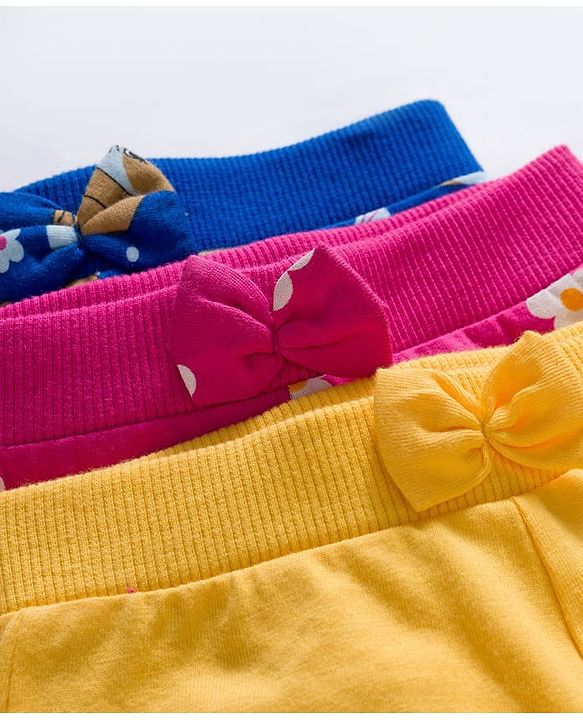 Babyhug Cotton Knit Full Length Lounge Pants With Floral & Bunny Print Pack of 3 - Navy Blue Pink & Yellow