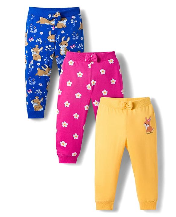 Babyhug Cotton Knit Full Length Lounge Pants With Floral & Bunny Print Pack of 3 - Navy Blue Pink & Yellow