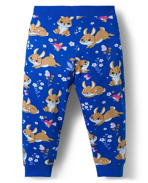 Babyhug Cotton Knit Full Length Lounge Pants With Floral & Bunny Print Pack of 3 - Navy Blue Pink & Yellow