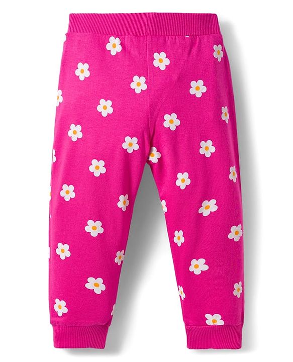 Babyhug Cotton Knit Full Length Lounge Pants With Floral & Bunny Print Pack of 3 - Navy Blue Pink & Yellow