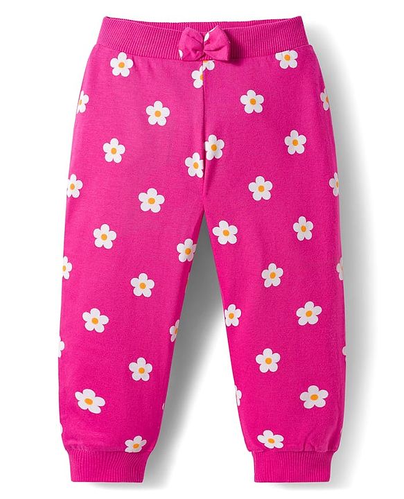 Babyhug Cotton Knit Full Length Lounge Pants With Floral & Bunny Print Pack of 3 - Navy Blue Pink & Yellow
