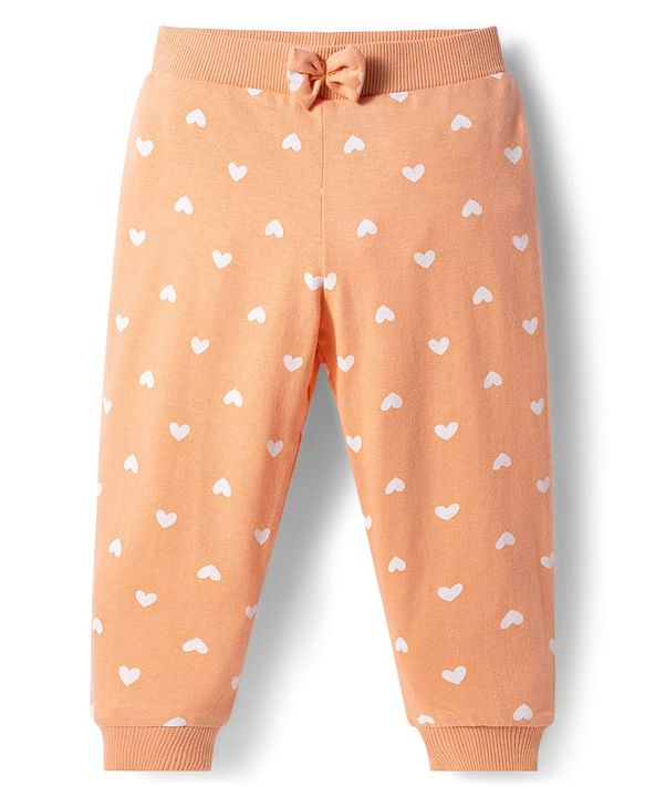 Babyhug Cotton Knit Full Length Polka Dot & Floral Printed Lounge Pants With Bow Applique Pack of 3 - Orange Pink & Navy Blue