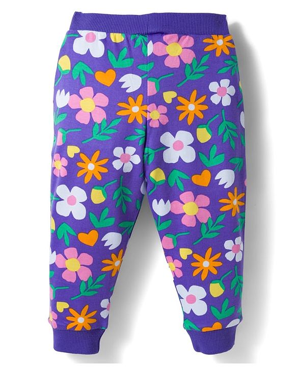 Babyhug Cotton Knit Full Length Polka Dot & Floral Printed Lounge Pants With Bow Applique Pack of 3 - Orange Pink & Navy Blue