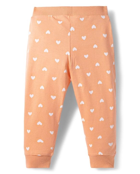 Babyhug Cotton Knit Full Length Polka Dot & Floral Printed Lounge Pants With Bow Applique Pack of 3 - Orange Pink & Navy Blue