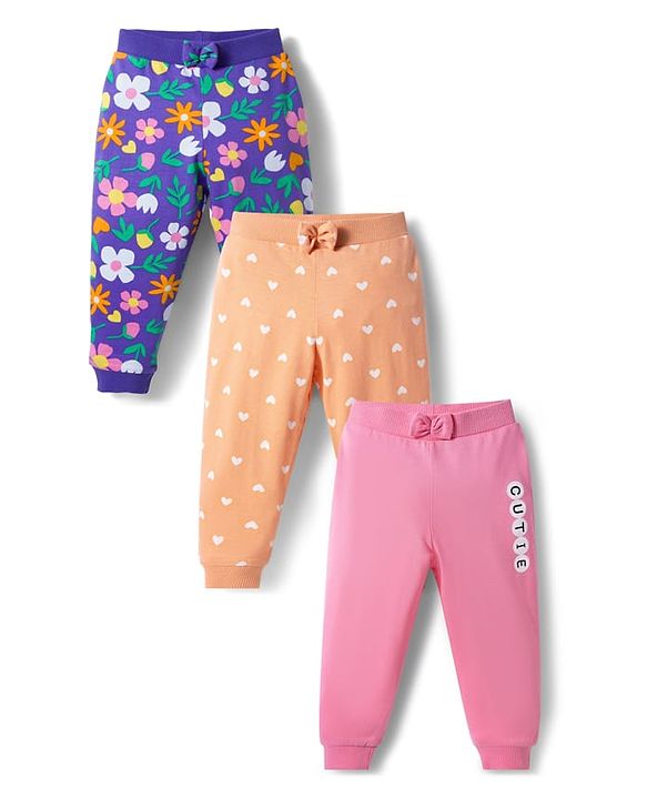Babyhug Cotton Knit Full Length Polka Dot & Floral Printed Lounge Pants With Bow Applique Pack of 3 - Orange Pink & Navy Blue