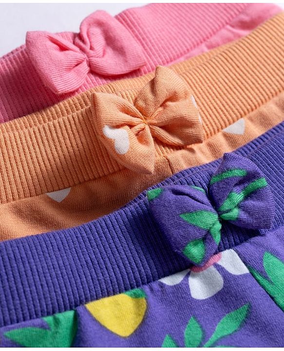 Babyhug Cotton Knit Full Length Polka Dot & Floral Printed Lounge Pants With Bow Applique Pack of 3 - Orange Pink & Navy Blue