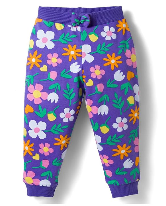 Babyhug Cotton Knit Full Length Polka Dot & Floral Printed Lounge Pants With Bow Applique Pack of 3 - Orange Pink & Navy Blue