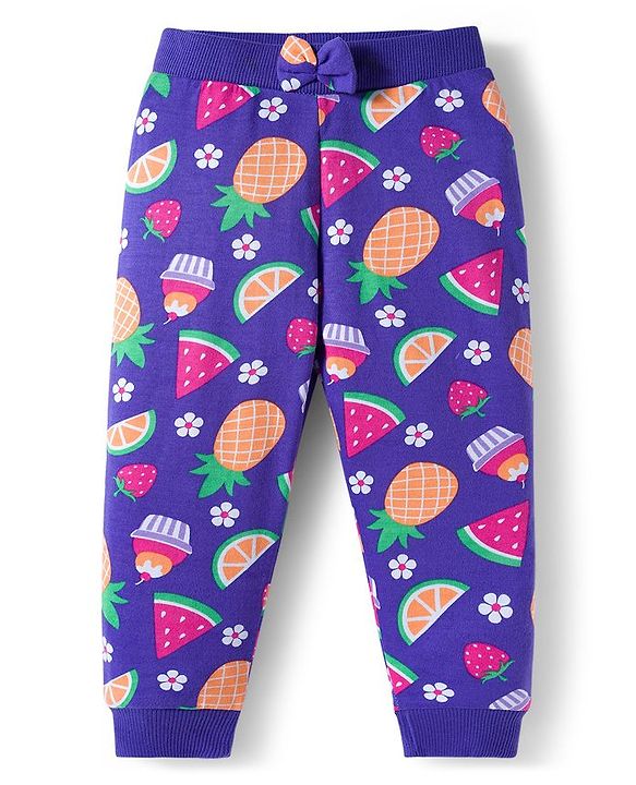 Babyhug Cotton Knit Full Length Lounge Pants With Fruit Print Pack of 3 - Dark Pink Orange & Navy Blue