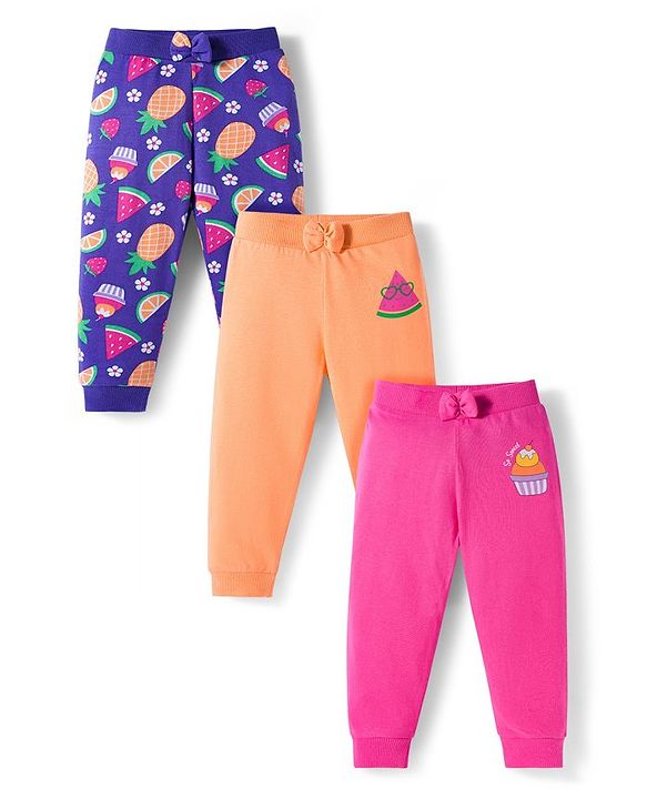 Babyhug Cotton Knit Full Length Lounge Pants With Fruit Print Pack of 3 - Dark Pink Orange & Navy Blue