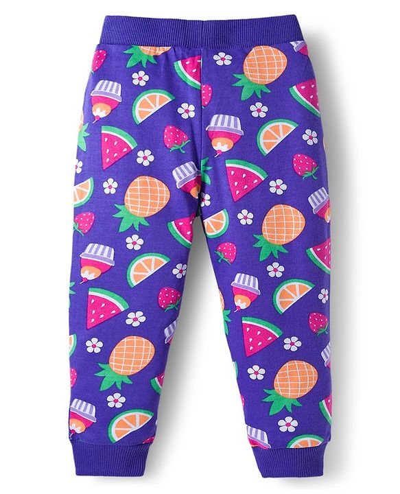 Babyhug Cotton Knit Full Length Lounge Pants With Fruit Print Pack of 3 - Dark Pink Orange & Navy Blue