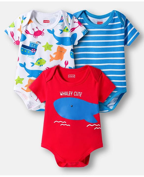 Babyhug 100% Cotton Knit Half Sleeves Striped & Sea Animals Printed Onesies Pack of 3 - Red Blue & White