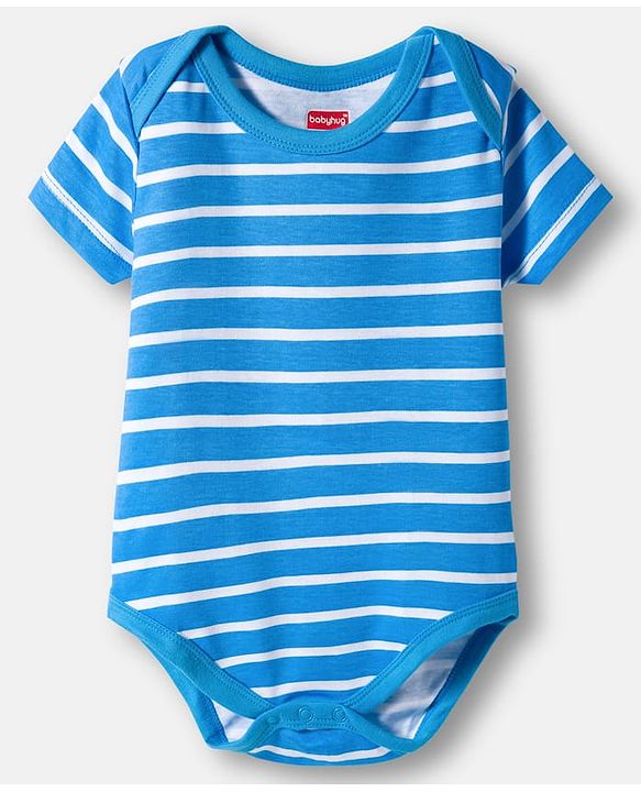 Babyhug 100% Cotton Knit Half Sleeves Striped & Sea Animals Printed Onesies Pack of 3 - Red Blue & White