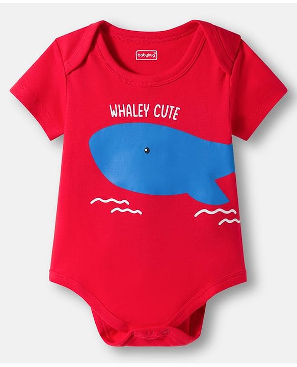 Babyhug 100% Cotton Knit Half Sleeves Striped & Sea Animals Printed Onesies Pack of 3 - Red Blue & White