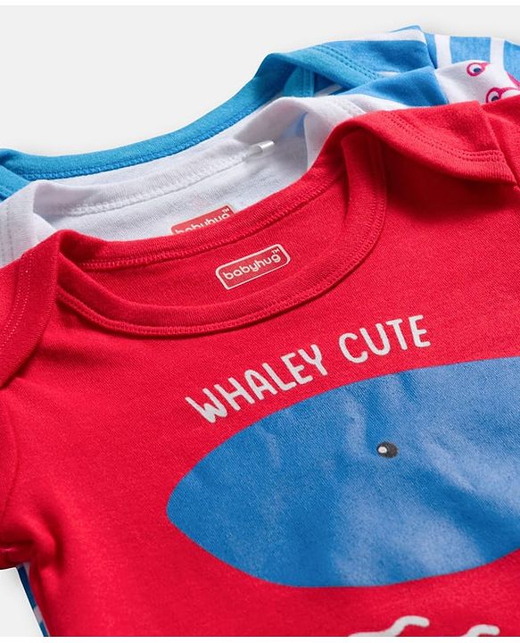 Babyhug 100% Cotton Knit Half Sleeves Striped & Sea Animals Printed Onesies Pack of 3 - Red Blue & White