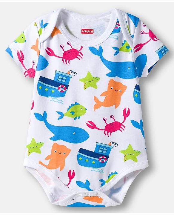Babyhug 100% Cotton Knit Half Sleeves Striped & Sea Animals Printed Onesies Pack of 3 - Red Blue & White