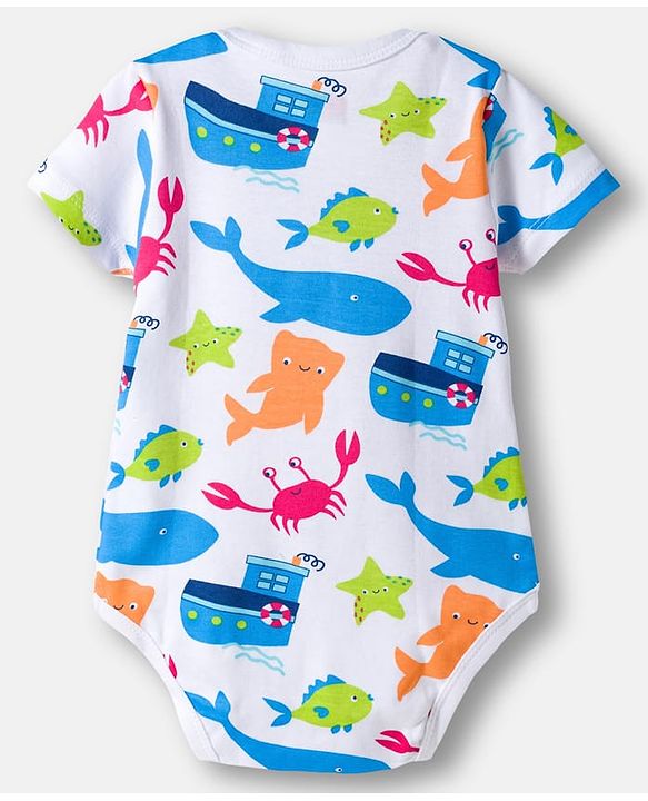 Babyhug 100% Cotton Knit Half Sleeves Striped & Sea Animals Printed Onesies Pack of 3 - Red Blue & White