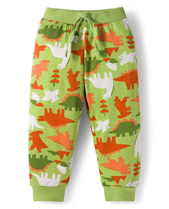 Babyhug Cotton Knit Full Length Lounge Pants With Text & Dino Print Pack of 3 - Orange Brown & Green