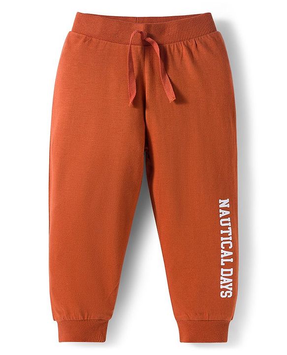 Babyhug Cotton Knit Full Length Lounge Pants With Text & Dino Print Pack of 3 - Orange Brown & Green