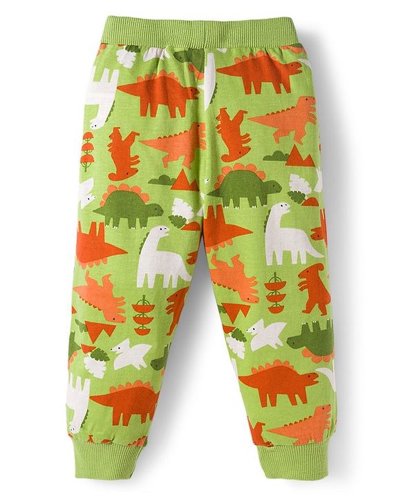 Babyhug Cotton Knit Full Length Lounge Pants With Text & Dino Print Pack of 3 - Orange Brown & Green