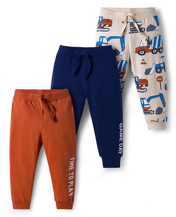 Babyhug Cotton Knit Full Length Lounge Pants With Vehicle Print Pack of 3 - Navy Blue Orange & White