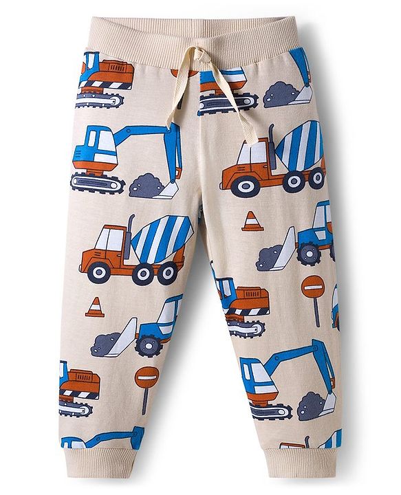 Babyhug Cotton Knit Full Length Lounge Pants With Vehicle Print Pack of 3 - Navy Blue Orange & White