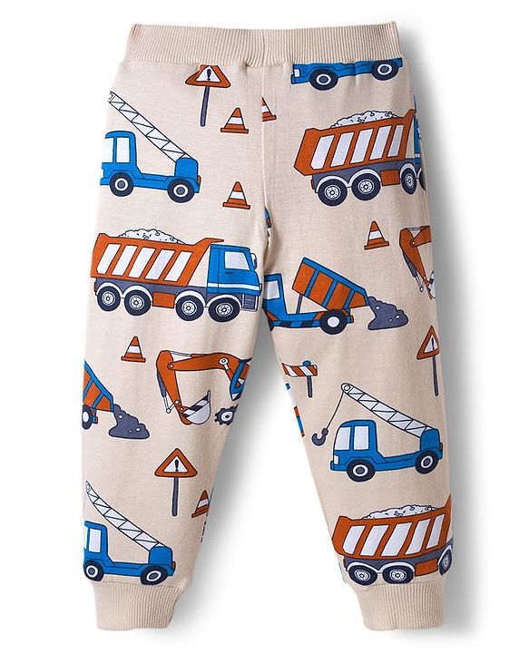 Babyhug Cotton Knit Full Length Lounge Pants With Vehicle Print Pack of 3 - Navy Blue Orange & White