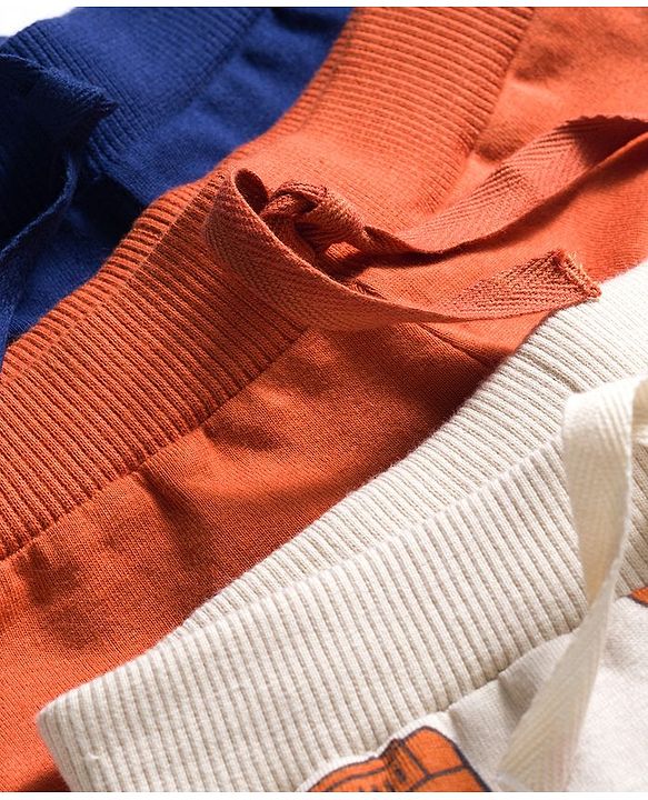 Babyhug Cotton Knit Full Length Lounge Pants With Vehicle Print Pack of 3 - Navy Blue Orange & White