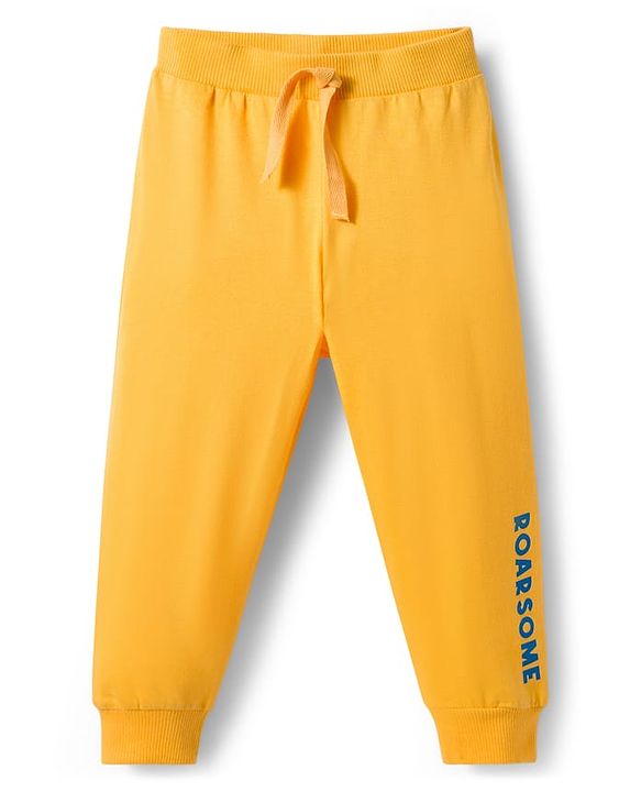 Babyhug Cotton Knit Full Length Lounge Pants With Animal Print Pack of 3 - Yellow Teal & Navy Blue
