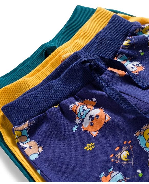 Babyhug Cotton Knit Full Length Lounge Pants With Animal Print Pack of 3 - Yellow Teal & Navy Blue