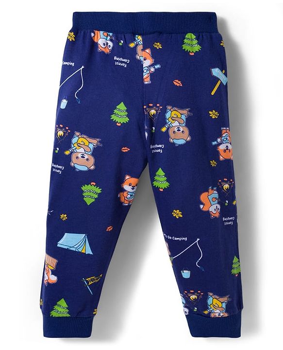 Babyhug Cotton Knit Full Length Lounge Pants With Animal Print Pack of 3 - Yellow Teal & Navy Blue