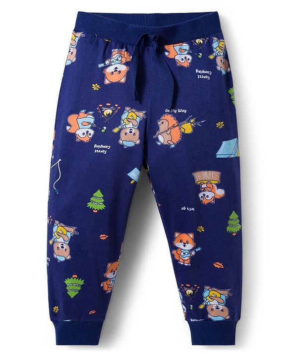 Babyhug Cotton Knit Full Length Lounge Pants With Animal Print Pack of 3 - Yellow Teal & Navy Blue
