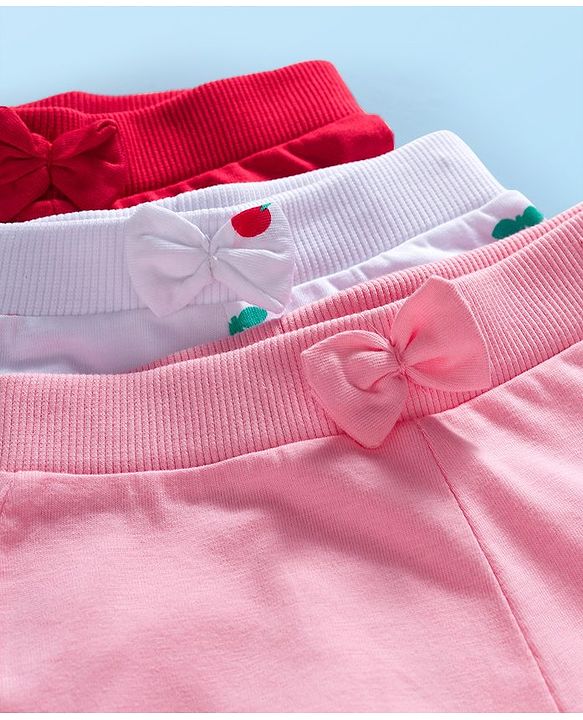 Babyhug Cotton Knit Full Length Lounge Pants With Cherry Print Pack of 3 - Pink Red & White