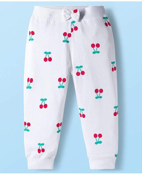 Babyhug Cotton Knit Full Length Lounge Pants With Cherry Print Pack of 3 - Pink Red & White