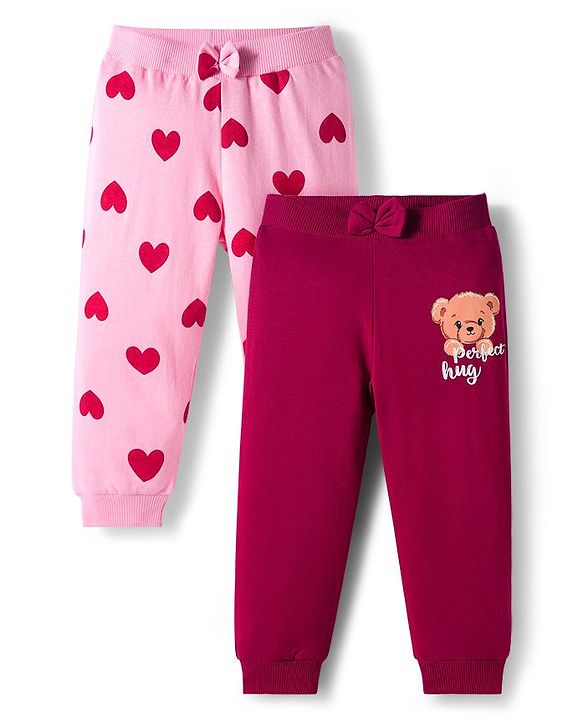 Babyhug Cotton Knit Full Length Lounge Pants With Heart & Teddy Bear Print Pack of 2 - Maroon & Pink