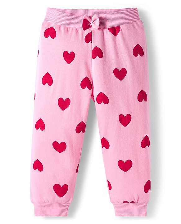 Babyhug Cotton Knit Full Length Lounge Pants With Heart & Teddy Bear Print Pack of 2 - Maroon & Pink