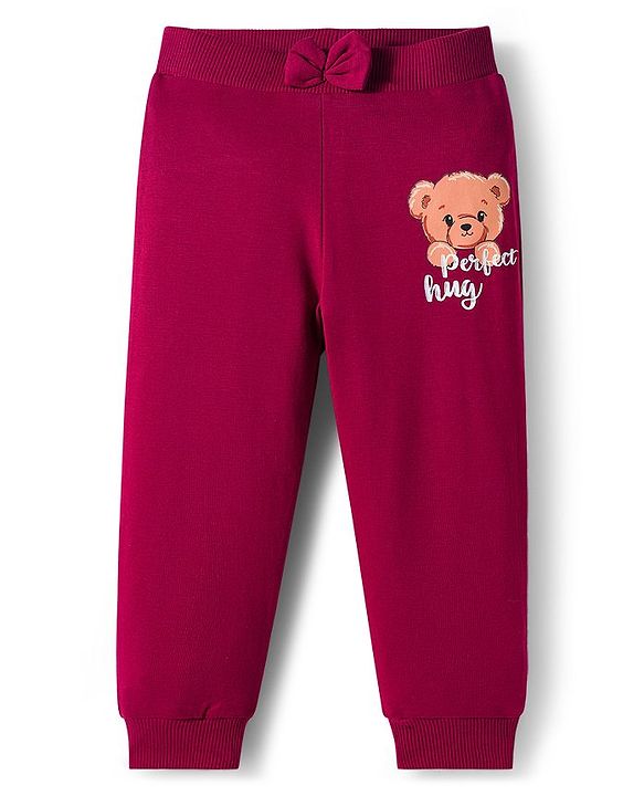 Babyhug Cotton Knit Full Length Lounge Pants With Heart & Teddy Bear Print Pack of 2 - Maroon & Pink