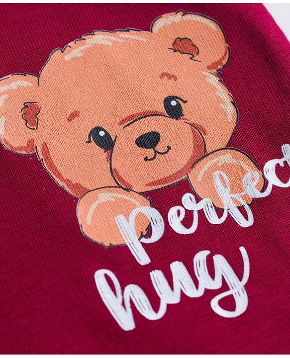 Babyhug Cotton Knit Full Length Lounge Pants With Heart & Teddy Bear Print Pack of 2 - Maroon & Pink