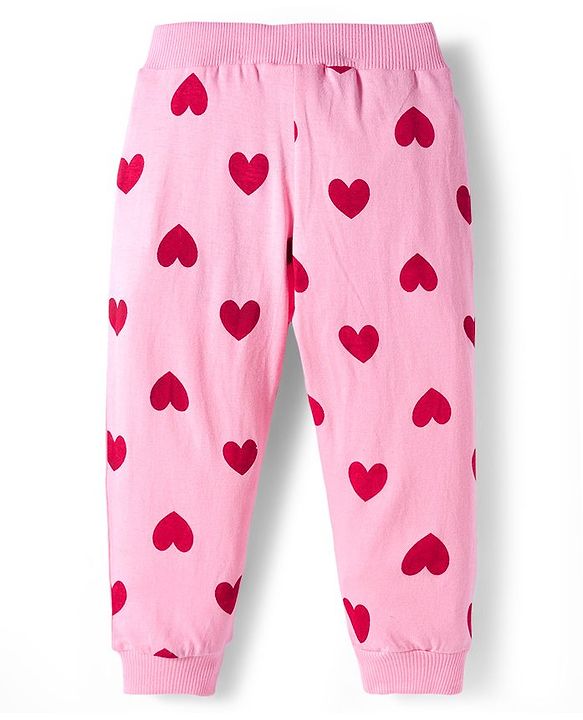 Babyhug Cotton Knit Full Length Lounge Pants With Heart & Teddy Bear Print Pack of 2 - Maroon & Pink