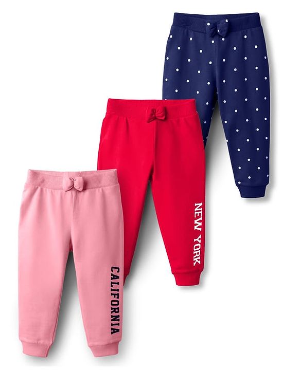 Babyhug Cotton Single Jersey Knit Full Length Lounge Pant With Text Print Pack Of 3 - Red Navy Blue & Pink