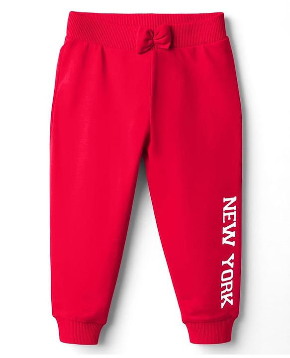 Babyhug Cotton Single Jersey Knit Full Length Lounge Pant With Text Print Pack Of 3 - Red Navy Blue & Pink