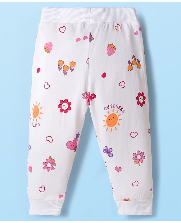Babyhug Cotton Knit Full Length Lounge Pants with Heart Print & Bow Applique Pack of 3 - Red White & Pink