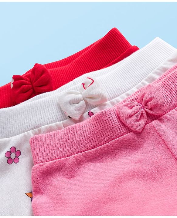 Babyhug Cotton Knit Full Length Lounge Pants with Heart Print & Bow Applique Pack of 3 - Red White & Pink